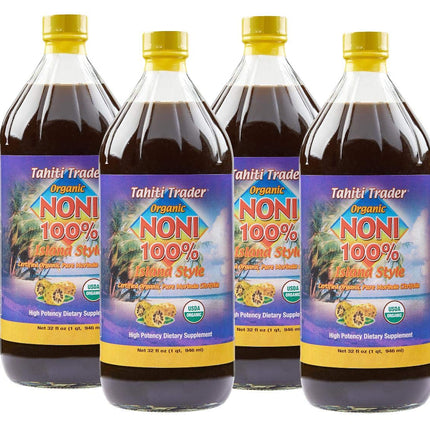 Tahiti Trader Island Style High Potency Noni Juice - Pure Noni Fruit Juice Fermented to Vinegar - Organic Antioxidant Superfood Supporting Energy & Body Health - (32oz, 4 Pack)