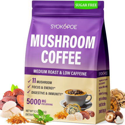 Mushroom Coffee Organic, 11 Mushrooms + 8 Adaptogenic Herb Mushroom Coffee for Focus, Energy, Digestion & Immune Support| Cordyceps, Lion’s Mane, Reishi, Chaga & Ashwagandha| Gluten Free, 30 Servings