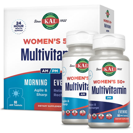 KAL Plus 2-in-1 Multivitamin for Women 50+, AM/PM Vitamin B and D, Biotin, Ginkgo Biloba, Bone Strength and Immune Support, Made Without GMOs and Soy, Vegan, 30 Servings, 120 Tablets