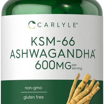 Carlyle KSM-66 Ashwagandha Root Extract 600mg | 120 Vegan Caplets | Supplement with L-Theanine | Non-GMO, Gluten Free