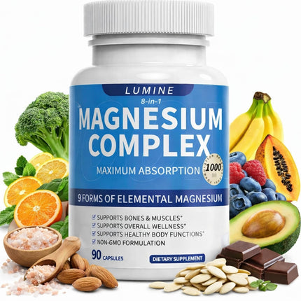 LUMINE 8-in-1 Magnesium Complex - Full Spectrum Blend with Glycinate, Citrate, Malate & Oxide - Advanced Support for Deep Rest, Muscle Recovery & Calm - High Absorption Formula, 90 Capsules