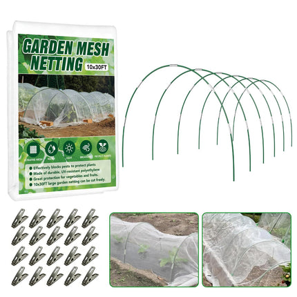 Garden Netting Kit for Raised Beds, 10x30FT Ultra Fine Mesh Netting ＆6 Sets Fiberglass Garden Hoops, Insect Netting for Garden Plant Row Cover Vegetable Flowers Protection Barrier