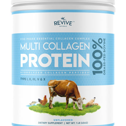 Revive Naturals Multi Collagen Hydrolyzed Protein Powder (16oz) - Types I, II, III, V & X - Grass Fed Bovine, Wild Caught Marine, Free Roaming Chicken & Eggshell Collagen Peptides,