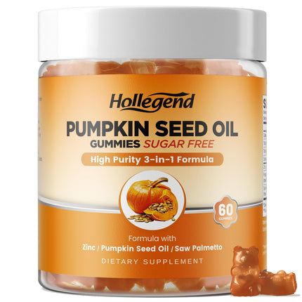 HOLLEGEND Pumpkin Seed Oil Gummies with Saw Palmetto, Pumpkin Seed Oil Extract for Hair Growth & Prostate Health, Cold-Pressed Supplements for Women Men, Vegan, Sugar Free, Lemon, 60 Chewable