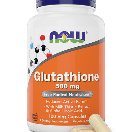 Now Glutathione 500 mg, 100 Vegan Capsules - Reduced Form GSH Supplement - Enhanced with Milk Thistle Extract and Alpha Lipoic Acid