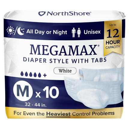 NorthShore MegaMax 12-Hour HBL Adult Diapers for Heavy Bladder Leaks, Medium, 10 Count, White, 32-44 inches, Tab-Style Incontinence Underwear for Men, Women & Teens