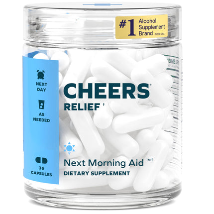 Cheers Relief | Next Morning Aid with Ginger + White Willow Bark | Feel Better After Drinking | 12 Doses | Ginger, White Willow Bark, L-Theanine, Caffeine