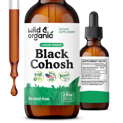 Wild & Organic Black Cohosh Supplements - Menopause Supplements for Women - 540 mg Black Cohosh Root Extract Tincture - Add to Tea Drops - 5-Month Supply - Vegan, Sugar & Alcohol-Free - 2 fl oz