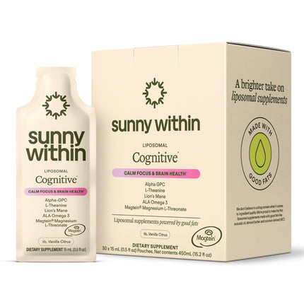 Sunny Within - Brain Health Supplement - Magnesium L-Threonate from Magtein®, Lion’s Mane, Alpha GPC, L-Theanine, ALA & Avocado Oil - Focus, Mood & Memory Support* - 30 Daily Vegan Pouches