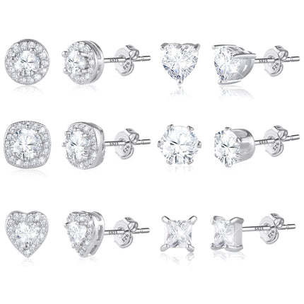 ALEXCRAFT Silver Stud Earrings for Women, Sterling Silver Cubic Zirconia Halo Stud Earrings Set Round Heart Square Diamond Studs Valentines Earrings Pack, 6 Pairs