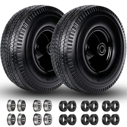 4.10/3.50-4" Tire and Wheel, 10" Solid Tire, 5/8" Bearing with 3/4" & 1/2" Extra Bearings, 4.10/3.50-4 Flat Free Wheels, 2.2" Offset Hub for Hand Truck Garden Wagon Cart Trolley Dolly - 2 Pack