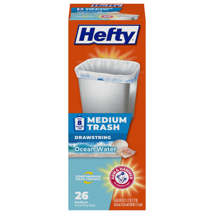 Hefty Medium Trash Bags, 8 Gallon, Ocean Water Scented Garbage Bags with Drawstring Closure, White, 26 Count