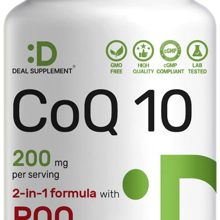 DEAL SUPPLEMENT CoQ10 200mg with PQQ 200mcg, 240 Veggie Capsules | Bioavailable Coenzyme Q10 Complex | Supports Heart, Energy & Brain Health | Antioxidant Support | Non-GMO