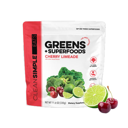Clean Simple Eats Super Greens Powder, Naturally Flavored Greens Powder with Chlorella, Spirulina, Superfoods & Prebiotic Fiber, No Artificial Ingredients, Gluten Free, Cherry Limeade Flavor, 30 Srvgs