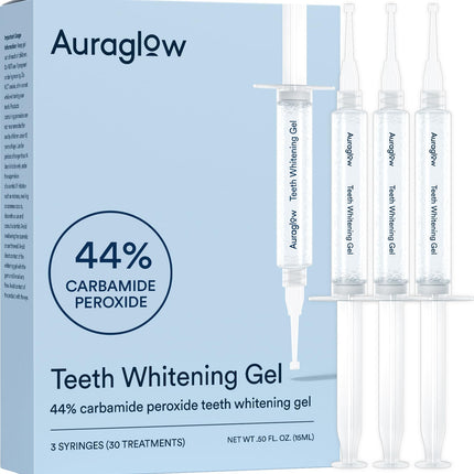 Auraglow 44% Teeth Whitening Gel for Trays, Retainers & Aligners – Dentist Strength Carbamide Peroxide Whitener, 30 Treatments, 3 Syringes (5mL)