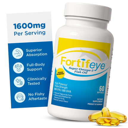 Fortifeye Super Omega-3 Fish Oil - 60 Count - 1600mg EPA + DHA - Triple Strength Ultra-Pure rTG Omega-3 Expertly Concentrated & Purified in Norway from Sustainably Sourced Wild Fish - Lemon Flavor