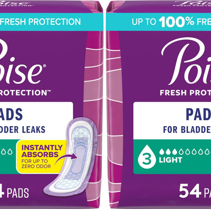 Poise Incontinence & Postpartum Pads for Bladder Leaks, 3 Drop Light Absorbency, Regular Length, Packaging May Vary, 54 Count (Pack of 2)