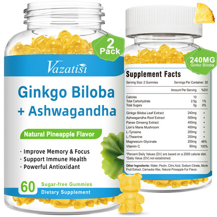 Vazatisi 240MG Ginkgo Biloba Gummies | 120 Gummies | Improve Mood and Focus, Brain Health| Pineapple Flavor | Vegan, Non-GMO, Gluten Free Supplement