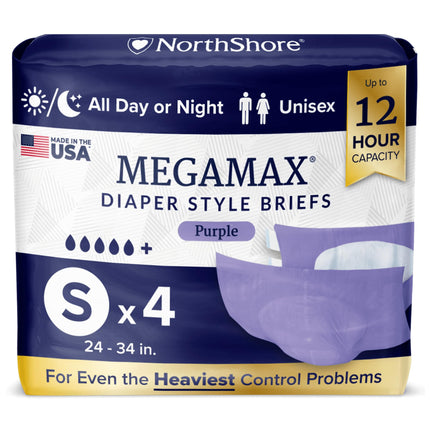 NorthShore MegaMax Made in USA 12-Hour HBL Adult Diapers for Heavy Bladder Leaks, Small, 4 Count, Purple, 24-34 inches, Tab-Style Incontinence Underwear for Men, Women & Teens