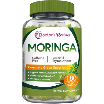 Doctor's Recipes Moringa, Complete Green Superfood, Natural Antioxidant Support, Non-GMO, 180 Vegan Caps, No Caffeine Soy Gluten