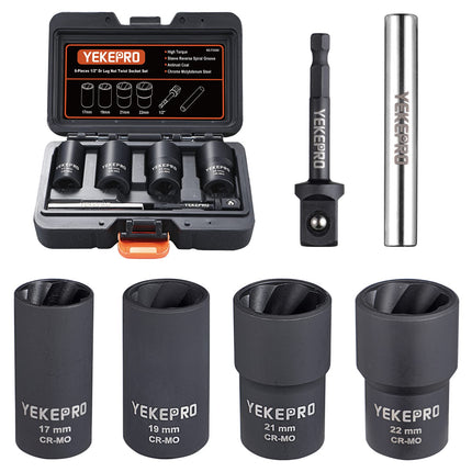 YEKEPRO 6 PCS Lug Nut Removal Tool, 1/2-inch Drive Impact Twist Socket Set & Bolt Extractor Set, 17,19,21,22MM Wheel Lock Removal Kit for Removing Damaged, Frozen, Rusted, Nuts & Screws, Cr-Mo Steel