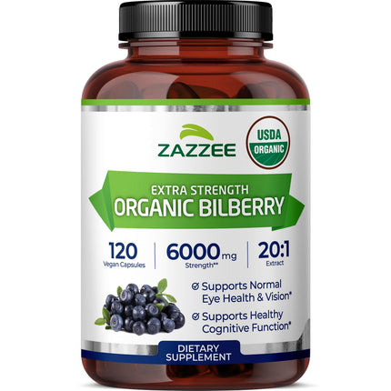 Zazzee USDA Organic Bilberry 20:1 Extract, 120 Vegan Capsules, 4 Month Supply, Vaccinium Myrtillus, Eye Health, Vision & Antioxidant Support, All-Natural, Non-GMO, Made in the USA