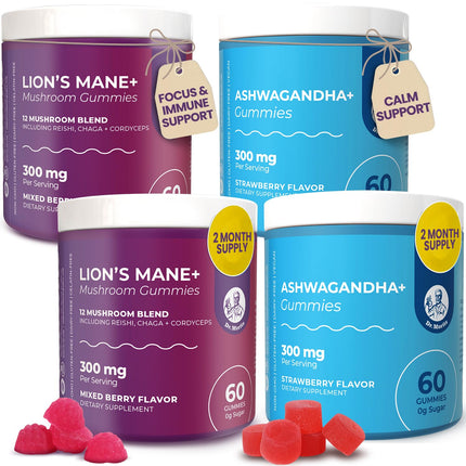 DR. MORITZ Ashwagandha + Lions Mane Mushroom Gummies Bundle – 120 Count Each – Sugar-Free, Non-GMO – with L-Theanine – Ashwagandha for Men & Women – Supports Calm, Focus, Relaxation & Immune Health