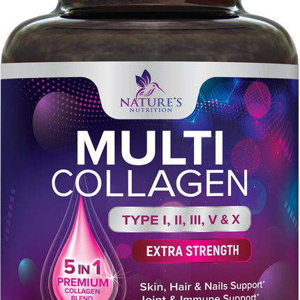 Multi Collagen Complex Pills - Hydrolyzed Collagen Peptides Capsules for Women & Men - Types I, II, III, V, X Multi Collagen - Hair, Skin & Nails Support Supplement - Bottled in USA - 240 Capsules