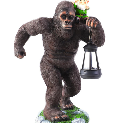 Solar Bigfoot Garden Statue with Gnome & Lantern, 16 Inch Sasquatch Decor