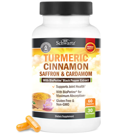Turmeric Supplement with Saffron, Cinnamon and Cardamom Plus BioPerine Black Pepper Extract for Optimal Absorption, Natural Tumeric Curcumin Joint Support Supplement for Women and Men, 60 Capsules