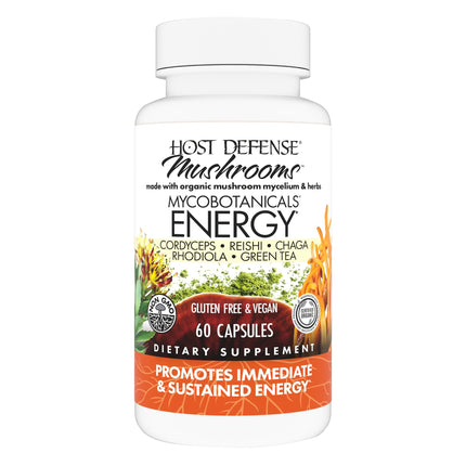 Host Defense MycoBotanicals Energy* Capsules - Energy & Respiratory Support Supplement - Herbal Green Tea Capsules - Respiratory Supplement with Cordyceps, Reishi & Chaga - 60 Capsules (30 Servings)*