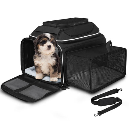 Petskd Top and Side Expandable Pet Carrier 18x11x11 Inches Delta United Airline Approved, Soft-Sided Carrier for Small Cats and Dogs with Locking Safety Zippers and Anti-Scratch Mesh(Black)