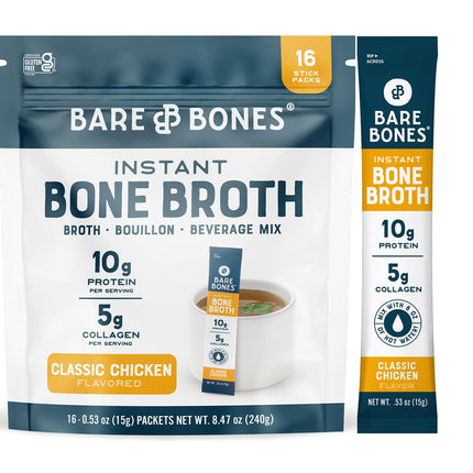 Bare Bones Classic Chicken Bone Broth Instant Powder Mix Packets 16 Pack