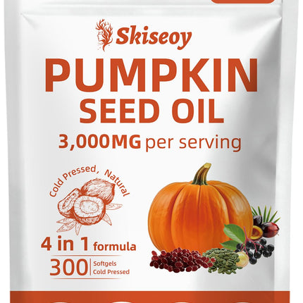 Pumpkin Seed Oil with Saw Palmetto, 300 Softgels | 4 in 1 Vitamin D3 & Elderberry, 3000mg Cold Pressed & Pure Virgin Oil | Supports Hair, Urinary, Bladder & Prostate Health, Immune | Vegan, Non-GMO