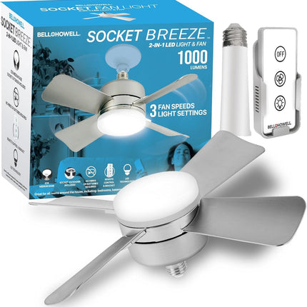 Bell+Howell Socket Breeze Cool Light Deluxe Silver – Ceiling Fans with LED Lights and Remote Control, Replacement for Lightbulb - Bedroom, Kitchen, Living Room,1000 Lumens / 5000 Kelvins