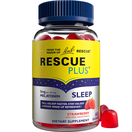 Bach RESCUE PLUS Melatonin Sleep Gummies, Natural Strawberry Flavor, Sleep Aid, Dietary Supplement, Vegan, Gluten-Free, No Artificial Flavors, Colors or Sweeteners, 3 Pack, 180 Count Total