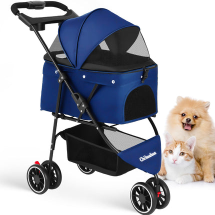 Pet Stroller,Dog Stroller for Small Medium Dogs Cats,3 Wheels,Foldable,with Breathable Mesh Canopy,Cup Holders,Easy Assembly,Navy Blue