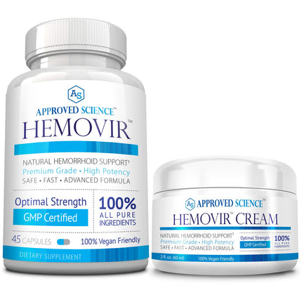 Approved Science Hemovir - Hemorrhoid Capsules and Cream - Dual-Action Stops Itching and Optimizes Blood Flow - Internal and External Care - 45 Capsules + 2 Fl Oz - Vegan - Non GMO - Made in The USA