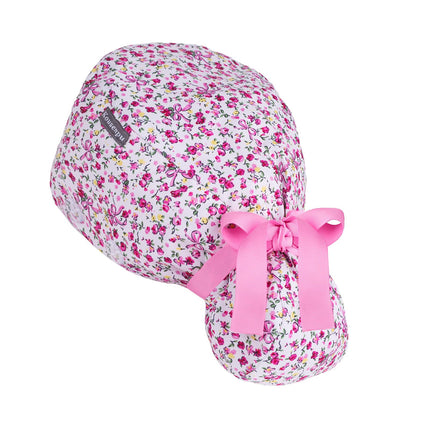 Satin Lined Scrub Cap Women with Ponytail Hole & Buttons,Adjustable Surgical Nurse Hat with Cotton Sweatband for Long Hair (Pink Small Floral)