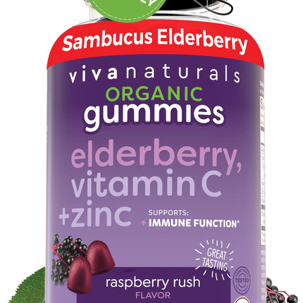 Elderberry Vitamin C and Zinc Immune Support Gummies , Made of 150mg Black Elderberry Per Serving for Adults, Sambucus Elderberry Gummies with Raspberry Rush Flavor, USDA Organic, Non-GMO, (120 Count)