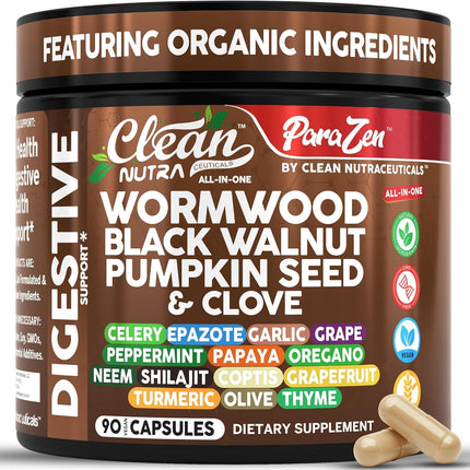 Clean Nutra Wormwood Black Walnut Pumpkin Seed Clove Oil Celery Garlic Grape Papaya Neem Diatomaceous Earth Womens Probiotic Gut Health Cleanse Detox Oregano Olive Turmeric Supplement Vegan Capsules