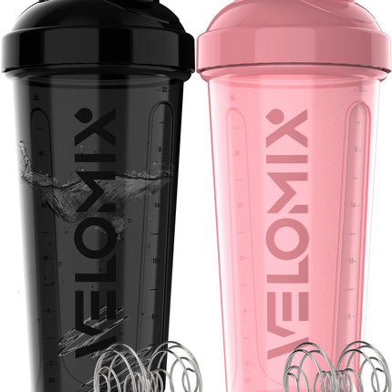 VELOMIX -2 Pack- 28 oz Protein Shaker Bottles for Protein Mixes - 2x Wire Whisk | Leak Proof Shaker Cups for Protein Shakes | Protein Shaker Bottle Pack | Shakers for Protein Shakes-Pink&Black