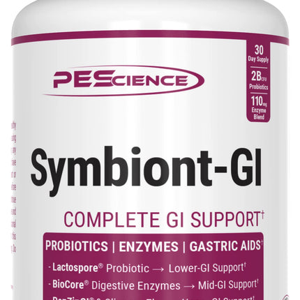 PEScience Symbiont-GI Gut Health Capsules with Zinc Carnosine Pepzin GI, Shelf Stable Probiotic, Digestive Enzymes, Slippery Elm Bark, 30 Day Supply, 90 Capsules