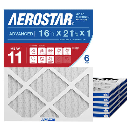 Aerostar 16.375x21.5x1 MERV 11 - 6 Count - Pleated HVAC, Furnace & Air Conditioner Filters - Removes Dust, Cold & Flu Germs, Lint, Mold, Pet Dander, Allergy-Causing Pollen, Smog & Smoke