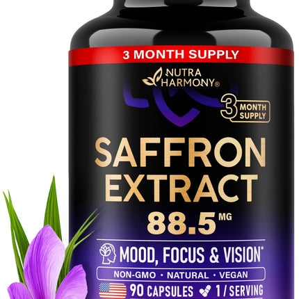 Natural Saffron Supplements - Pure Saffron Extract 88.5 mg - Made in USA - Mood | Focus | Vision | Energy Support - Eye Health for Women & Men - NonGMO Vegan Pills - 90 Powder Capsules, 3 Month Supply