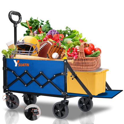 YSIATN Collapsible Folding Wagon Cart with Tailgate - 300lbs Heavy Duty Foldable Utility Wagon and Brake Wheels - 100L Lightweight Grocery Wagons for Shopping Camping Sports Garden, Blue