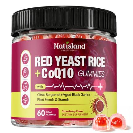 NATISLAND Red Yeast Rice with CoQ10 Gummies, Red Yeast Rice Supplement with Citrus Bergamot & Plant Sterols, Sugar Free, Vegan, Strawberry Flavor, 60 Count