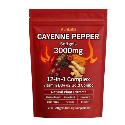 AuriLabs Cayenne Pepper Softgels - Enhanced with Vitamin D3+K2 Complex - Features Grape Seed, Hawthorn & Beetroot Extracts - Herbal Supplement (1)