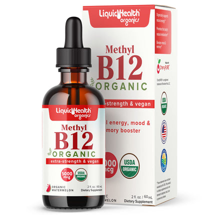 LIQUIDHEALTH USDA Organic Methyl Vitamin B12 Methylcobalamin Liquid Drops with Tart Cherry Juice - Boost Energy, Immune Support, Improve Memory & Concentration - USA Made, Vegan, Non-GMO (2 oz)