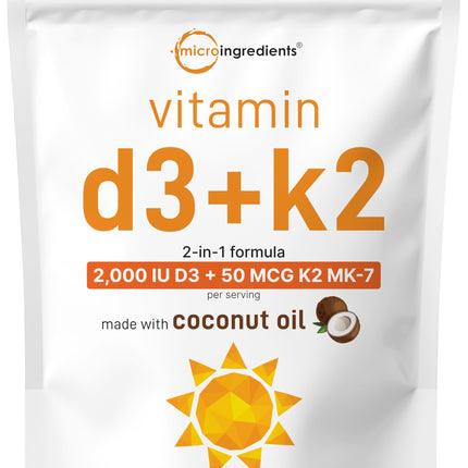 Micro Ingredients Vitamin D3 2,000 IU + K2 MK-7 50 mcg, 300 Softgels | Made with Coconut Oil | 2-in-1 Formula | Easy to Swallow, Non-GMO